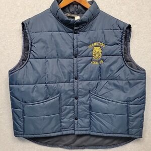 Vintage TURFER‎ Men's Sz XXL Teamsters Local 28 Snap Blue Puffer Vest Pockets